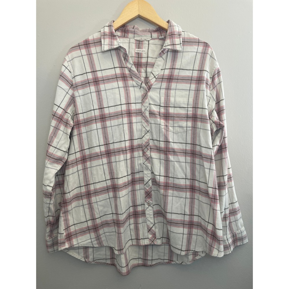 Weatherproof Vintage Plaid Button Down Shirt Womens XL Pink Grey Comfort Stretch